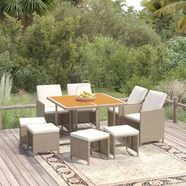 9-delige Tuinset met kussens poly rattan beige