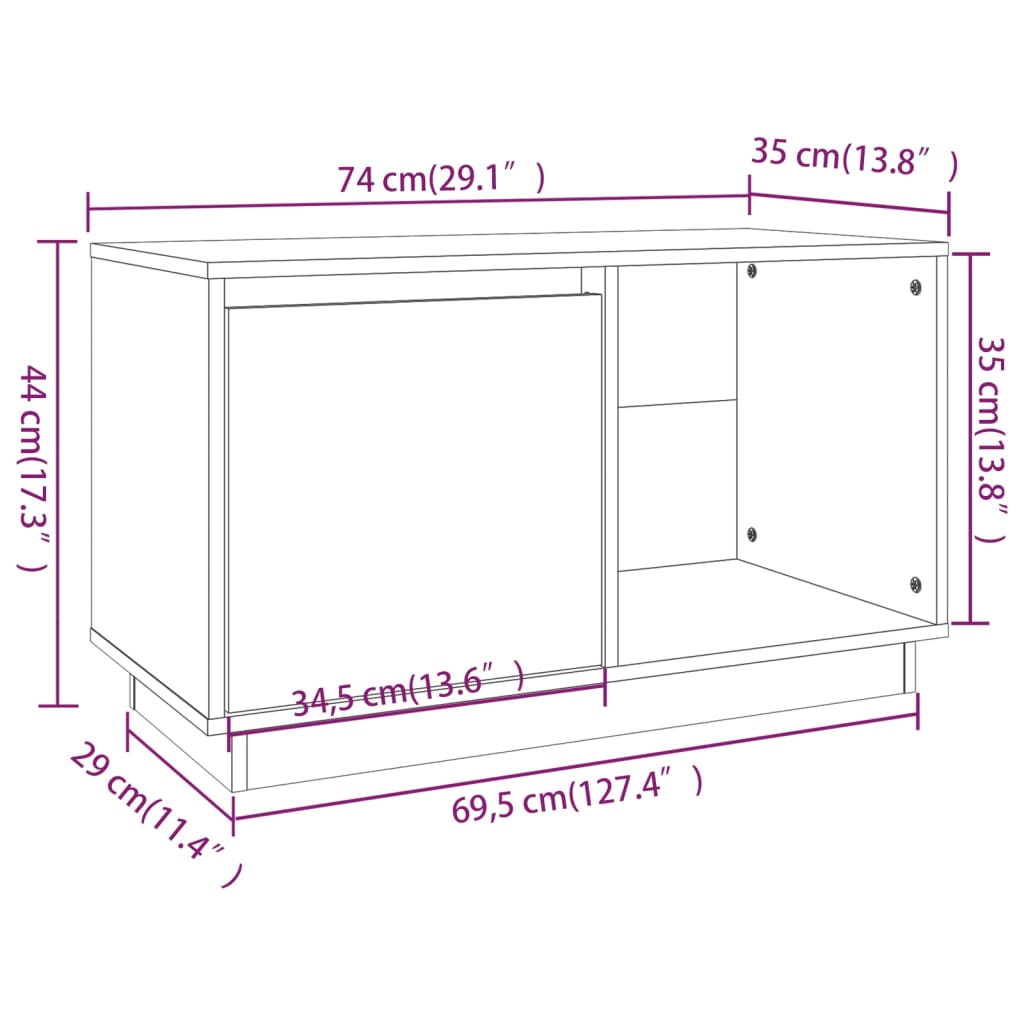 Tv-meubel 74x35x44 cm massief grenenhout grijs