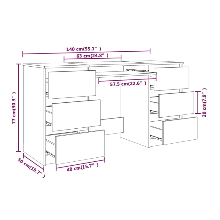 Bureau 140x50x77 cm bewerkt hout gerookt eikenkleurig