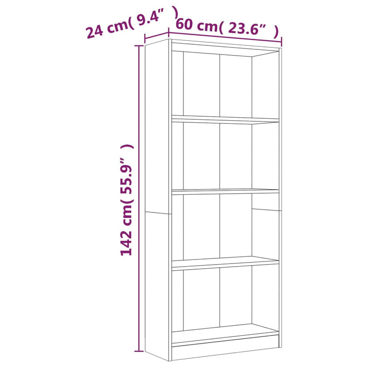 Boekenkast 4 schappen 60x24x142 cm bewerkt hout grijs sonoma