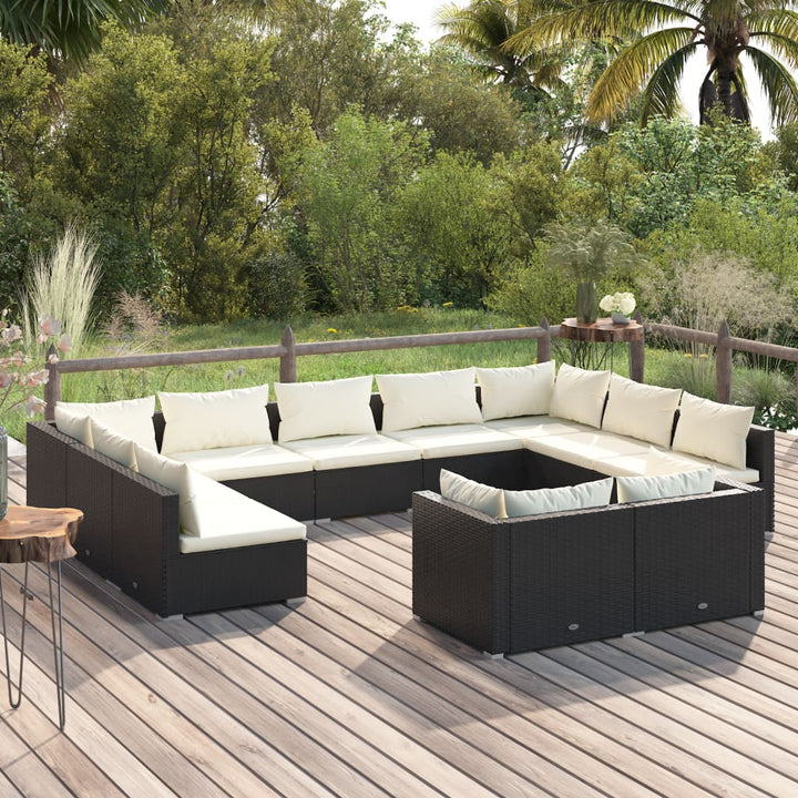 11-delige Loungeset met kussens poly rattan zwart