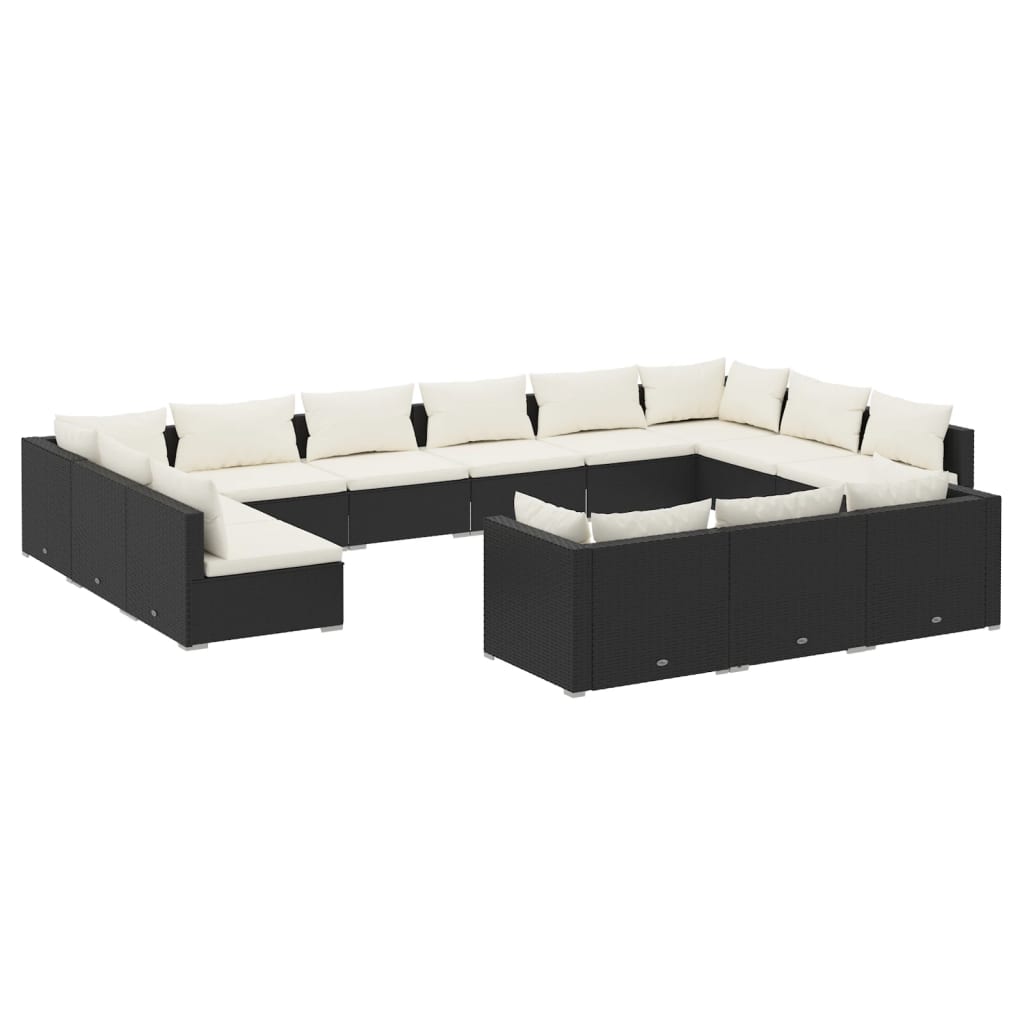 13-delige Loungeset met kussens poly rattan zwart