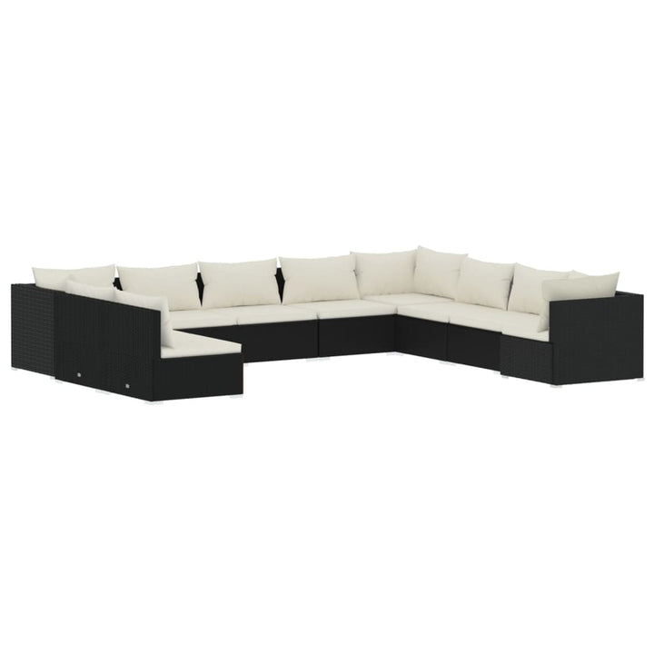 10-delige Loungeset met kussens poly rattan zwart