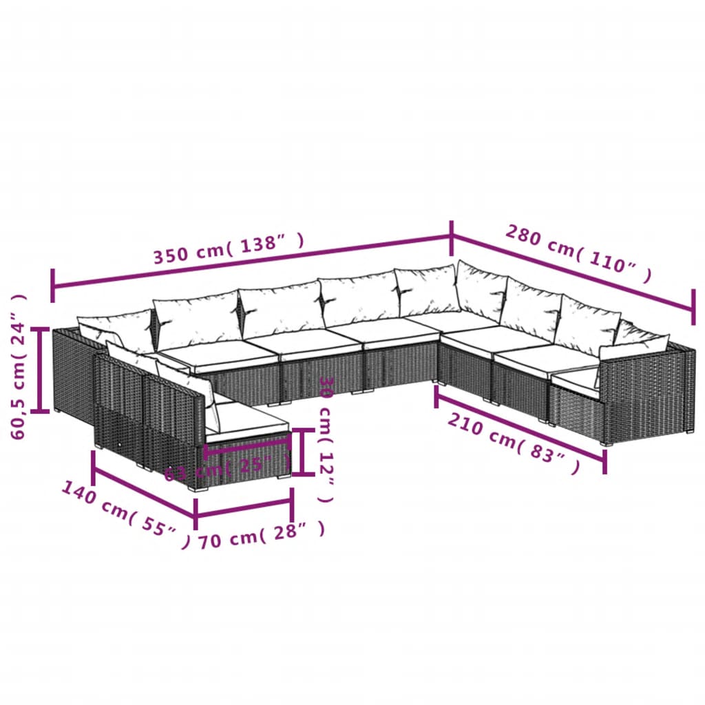 10-delige Loungeset met kussens poly rattan zwart