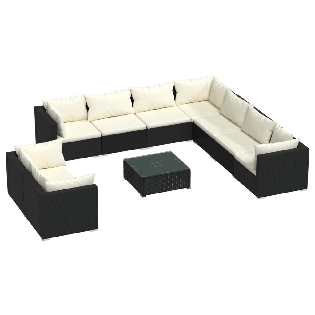 10-delige Loungeset met kussens poly rattan zwart