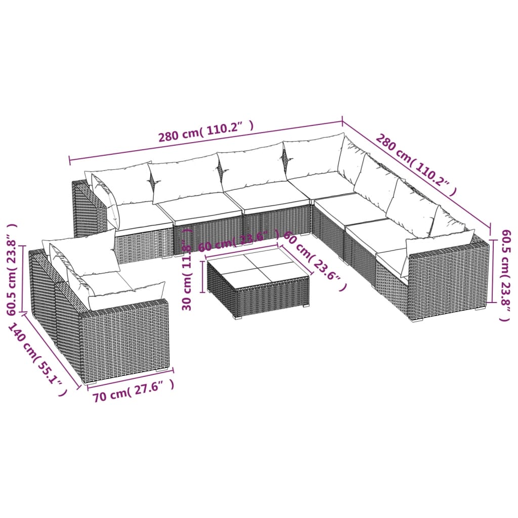 10-delige Loungeset met kussens poly rattan zwart