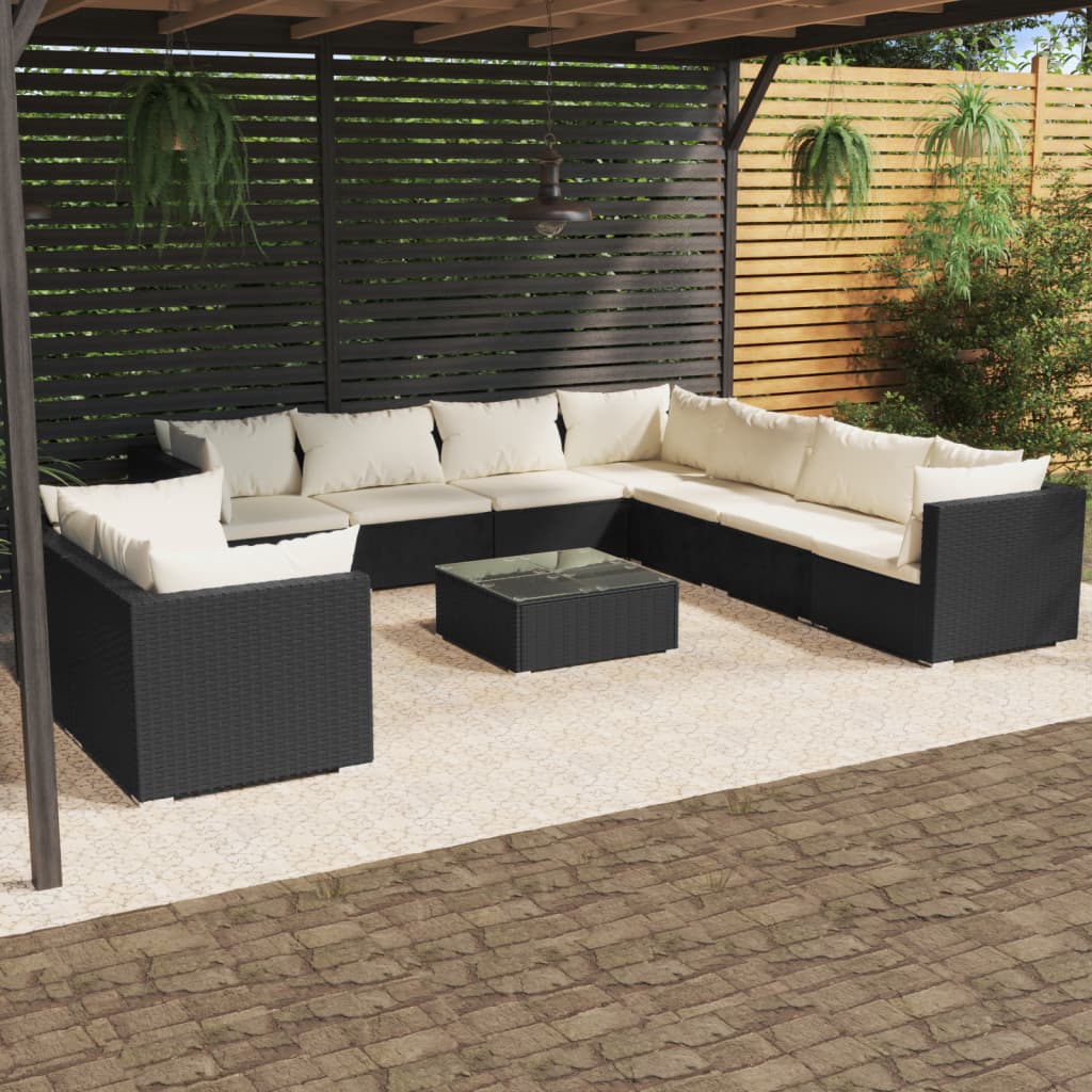 10-delige Loungeset met kussens poly rattan zwart