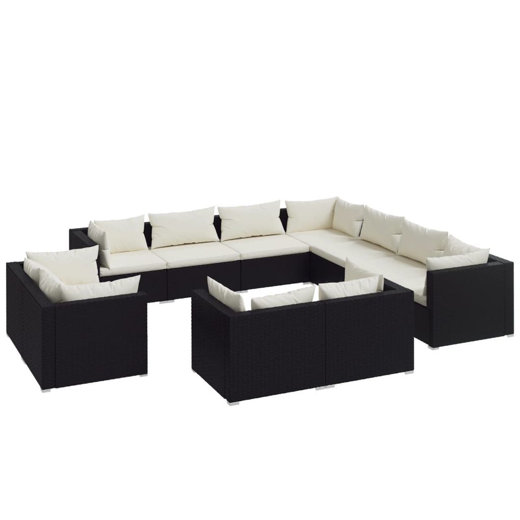 11-delige Loungeset met kussens poly rattan zwart