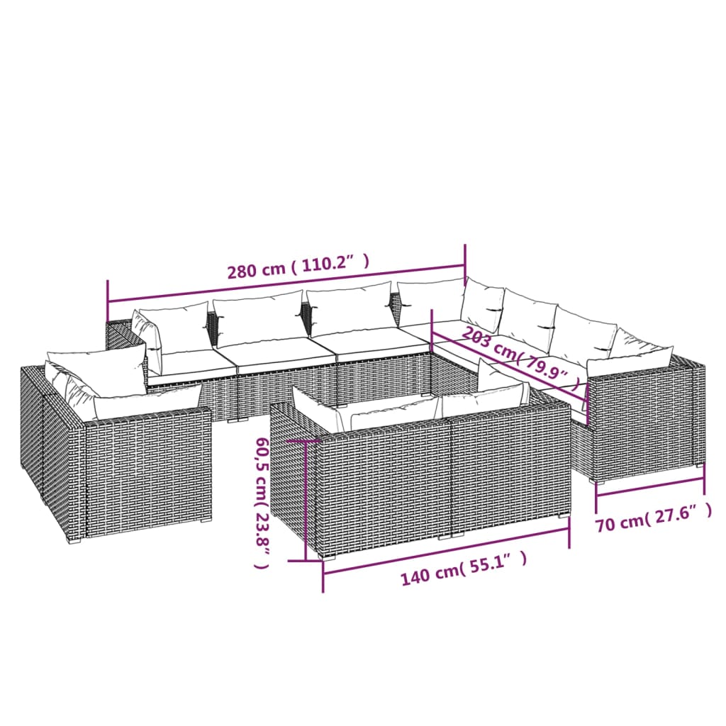 11-delige Loungeset met kussens poly rattan zwart