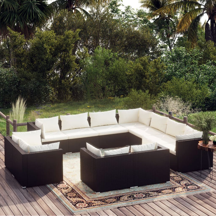 11-delige Loungeset met kussens poly rattan zwart