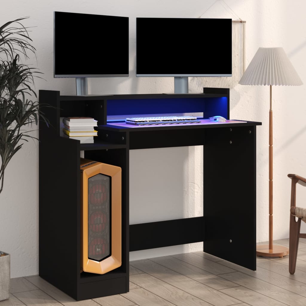 Bureau met LED-verlichting 97x45x90 cm bewerkt hout zwart