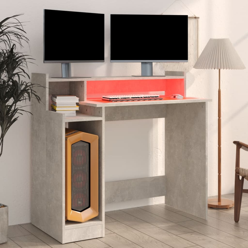 Bureau met LED-verlichting 97x90x45 cm bewerkt hout betongrijs