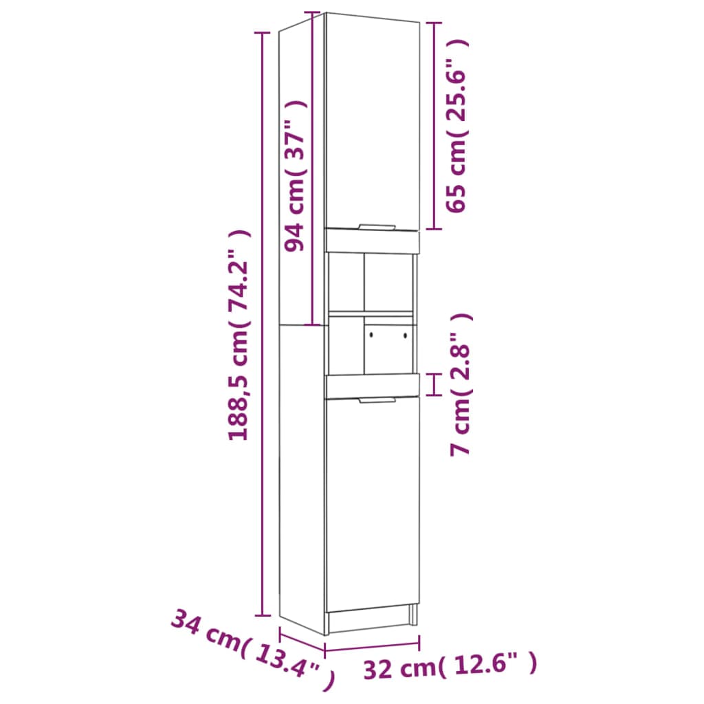 Badkamerkast 32x34x188,5 cm bewerkt hout hoogglans wit