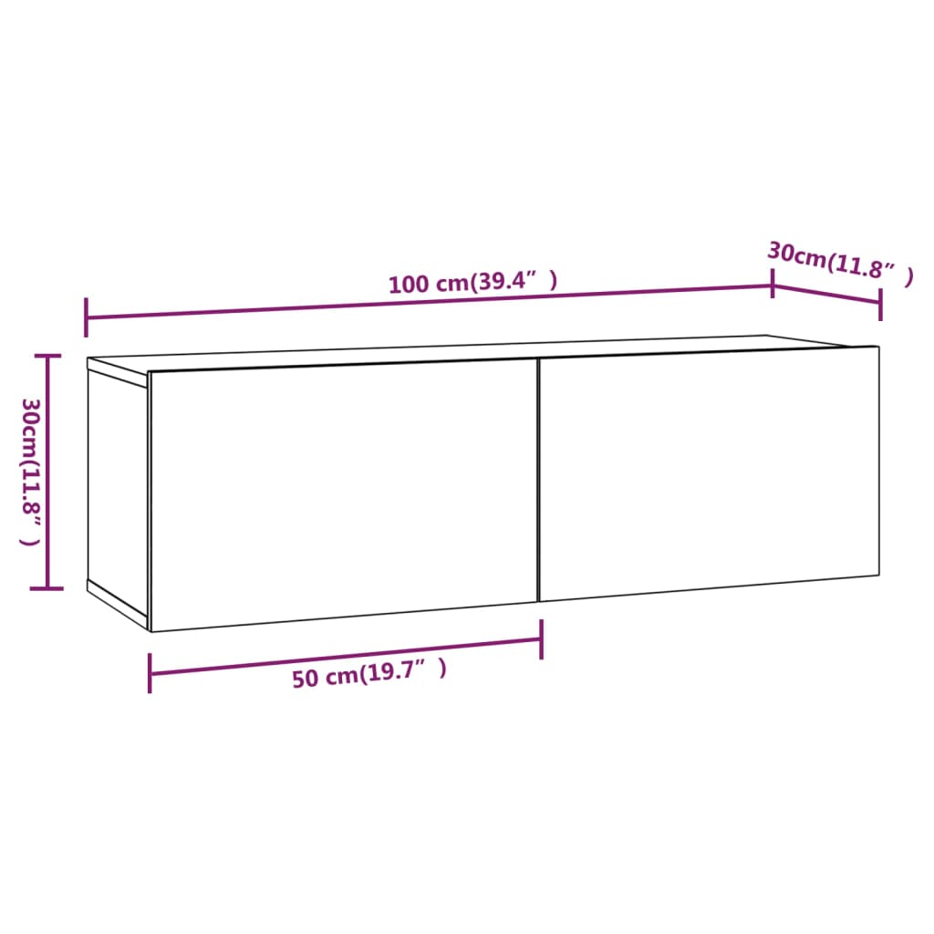 Tv-meubelen 2 st wandgemonteerd 100x30x30 cm hout grijs sonoma