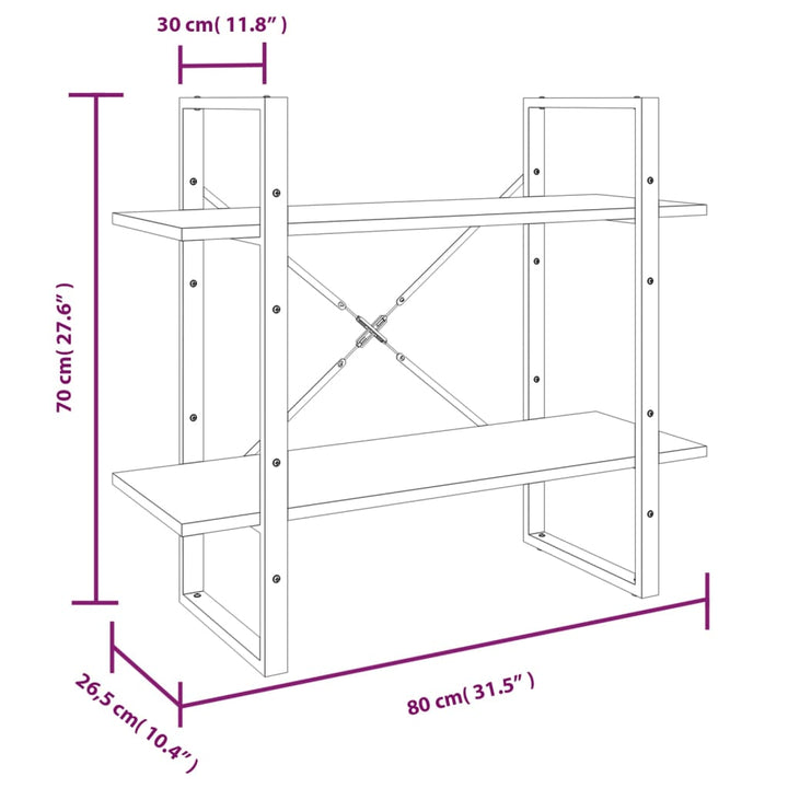 Boekenkast met 2 schappen 80x30x70 cm bewerkt hout grijs sonoma