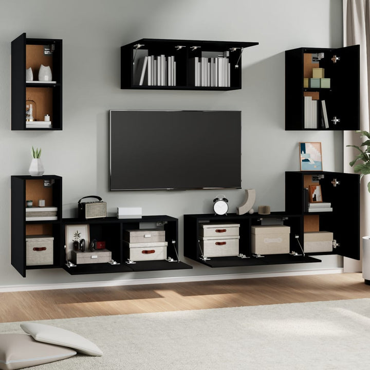7-delige Tv-meubelset bewerkt hout zwart