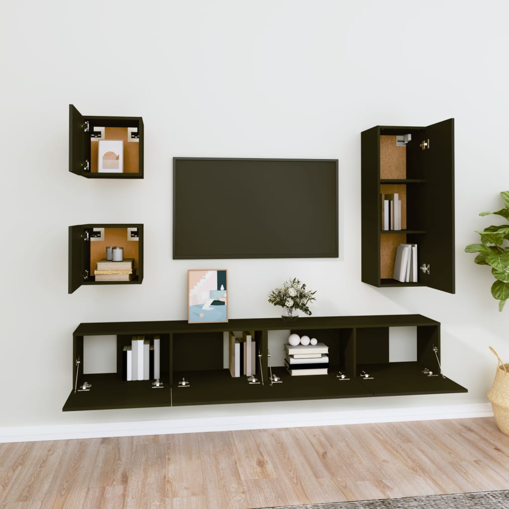 5-delige Tv-meubelset bewerkt hout zwart