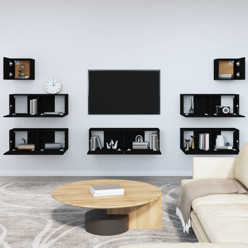 7-delige Tv-meubelset bewerkt hout zwart