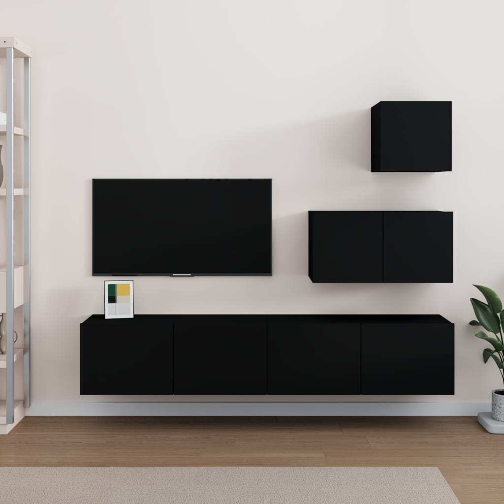 4-delige Tv-meubelset bewerkt hout zwart