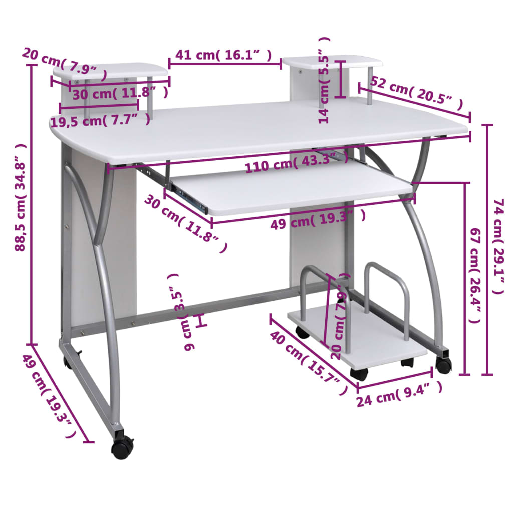 Computerbureau 110x52x88,5 cm bewerkt hout wit