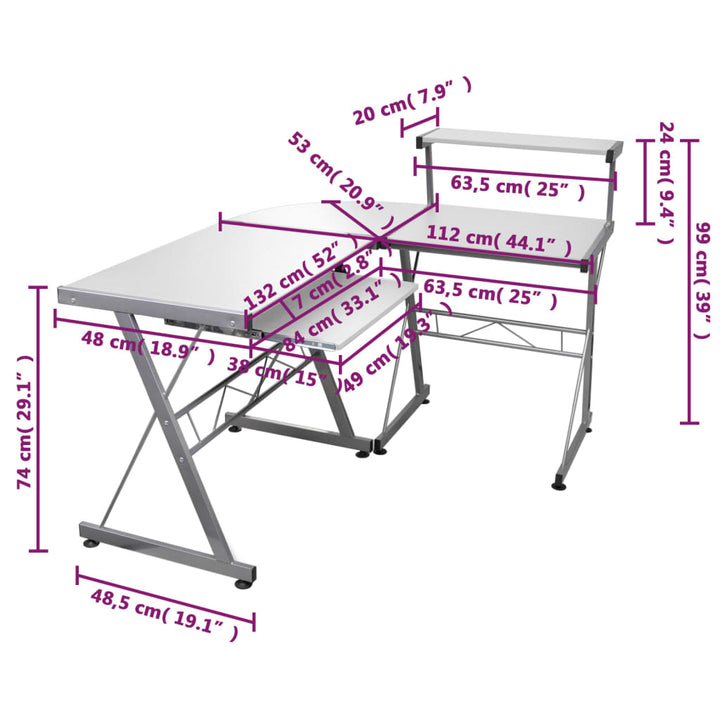 Hoekbureau 132x112x99 cm bewerkt hout wit