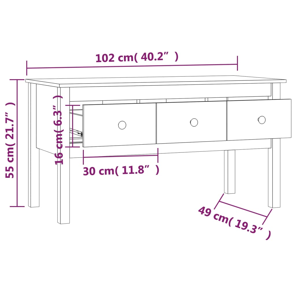 Salontafel 102x49x55 cm massief grenenhout wit