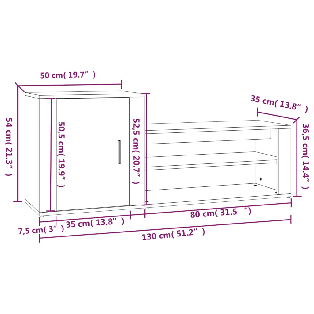 Schoenenkast 130x35x54 cm bewerkt hout gerookt eikenkleurig