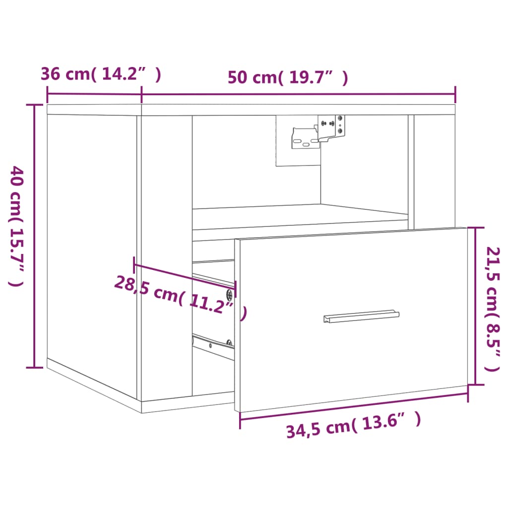 Nachtkastjes 2 st wandgemonteerd 50x36x40 cm grijs sonoma eiken