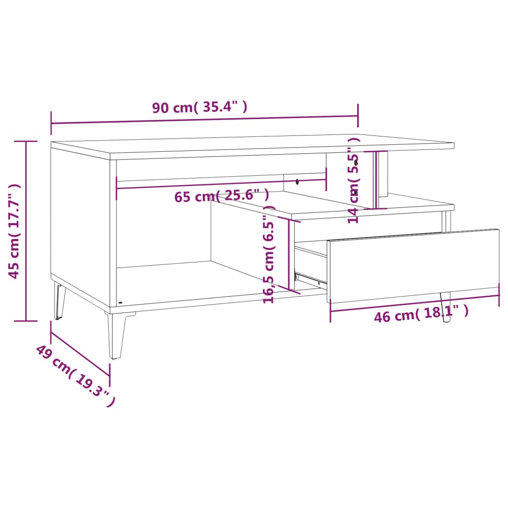 Salontafel 90x49x45 cm bewerkt hout hoogglans wit