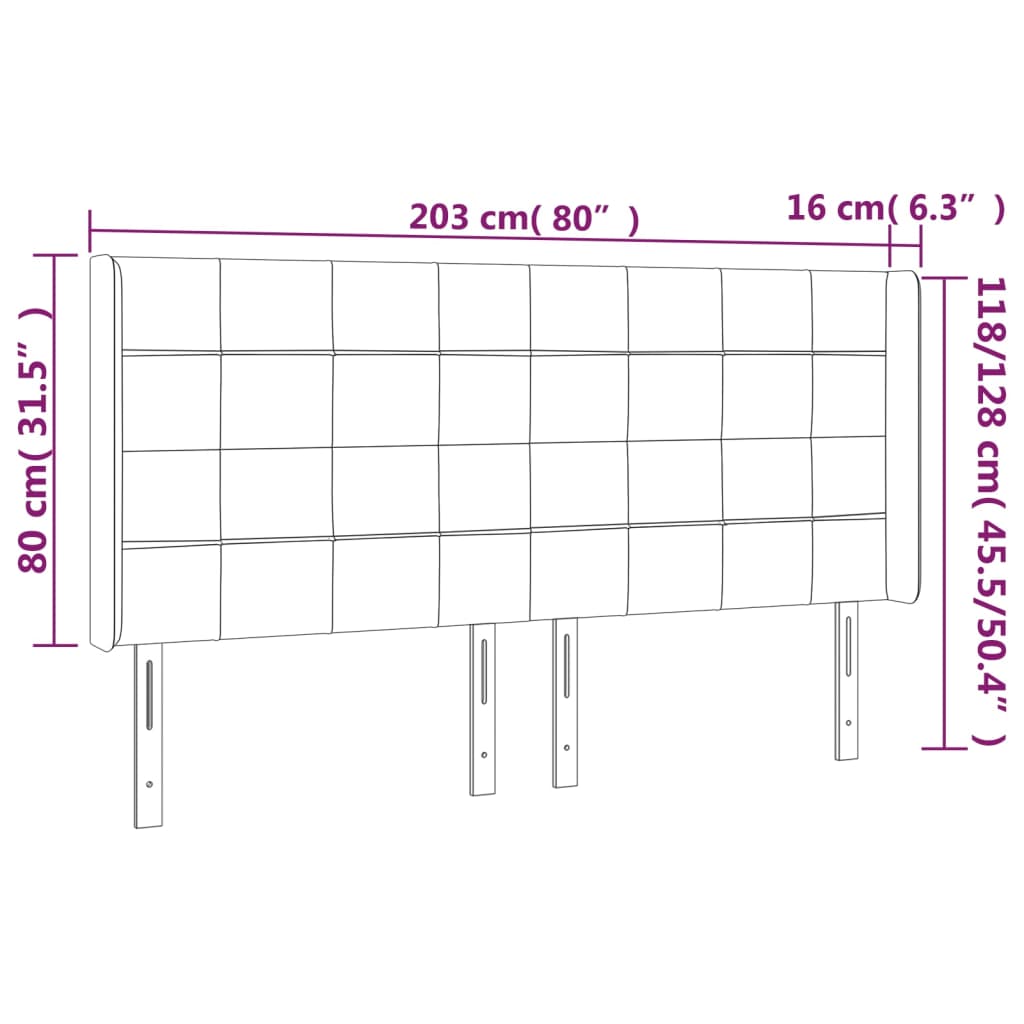 Hoofdbord met randen 203x16x118/128 cm stof zwart