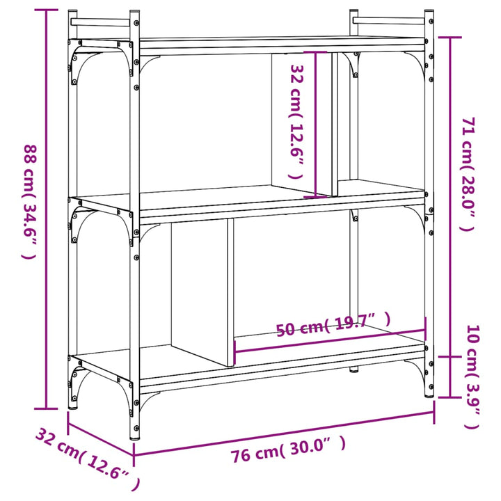 Boekenkast 3-laags 76x32x88 cm bewerkt hout sonoma eikenkleurig