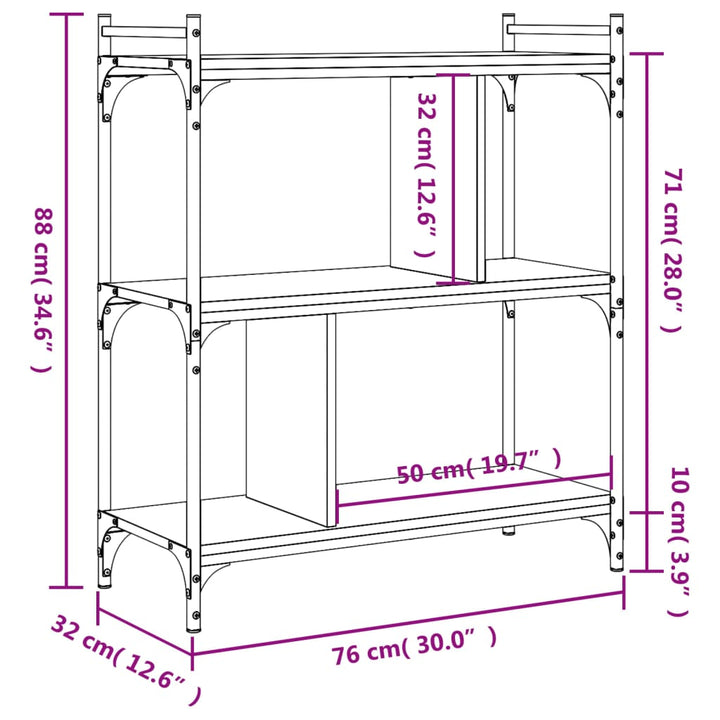 Boekenkast 3-laags 76x32x88 cm bewerkt hout gerookt eikenkleur