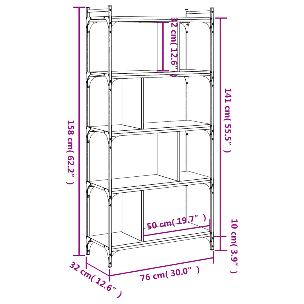 Boekenkast 5-laags 76x32x158 cm bewerkt hout gerookt eikenkleur