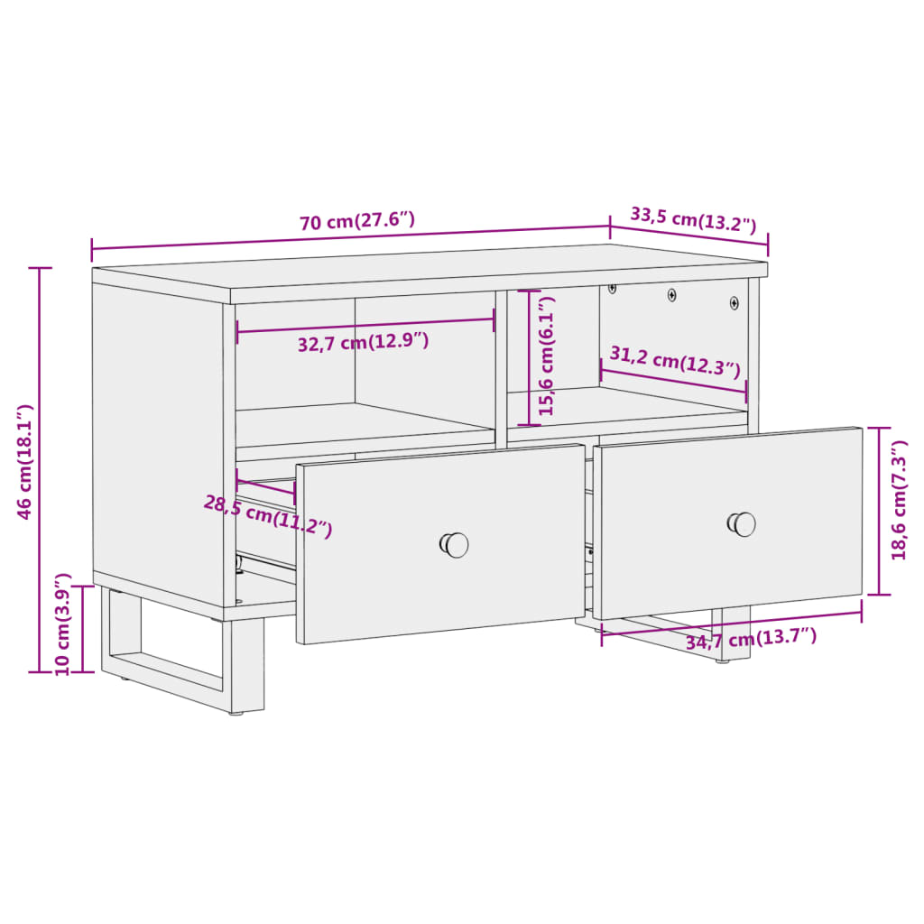 Tv-meubel 70x33,5x46 cm massief mangohout bruin en zwart