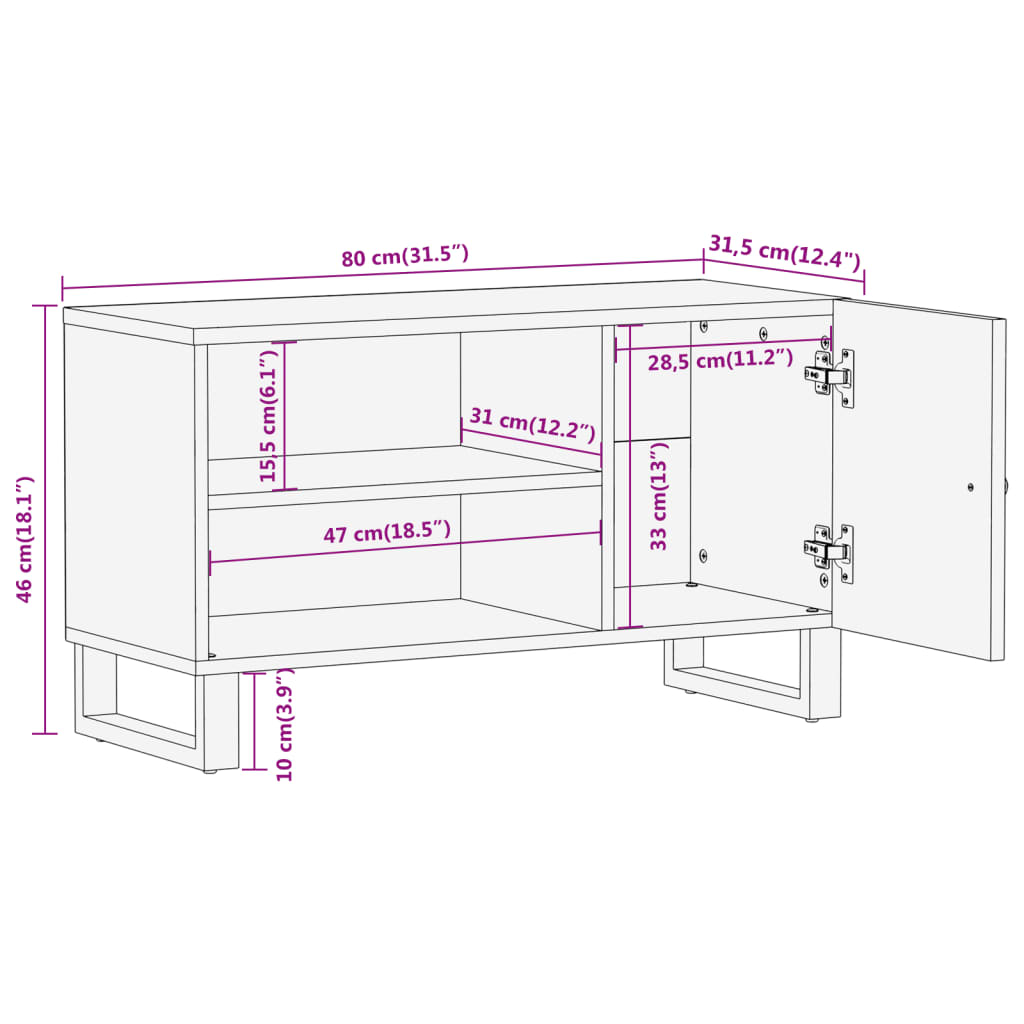 Tv-meubel 80x31,5x46 cm massief mangohout bruin en zwart