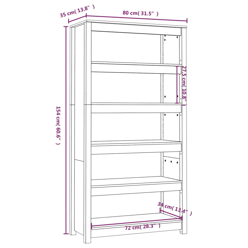 Boekenkast 80x35x154 cm massief grenenhout wit