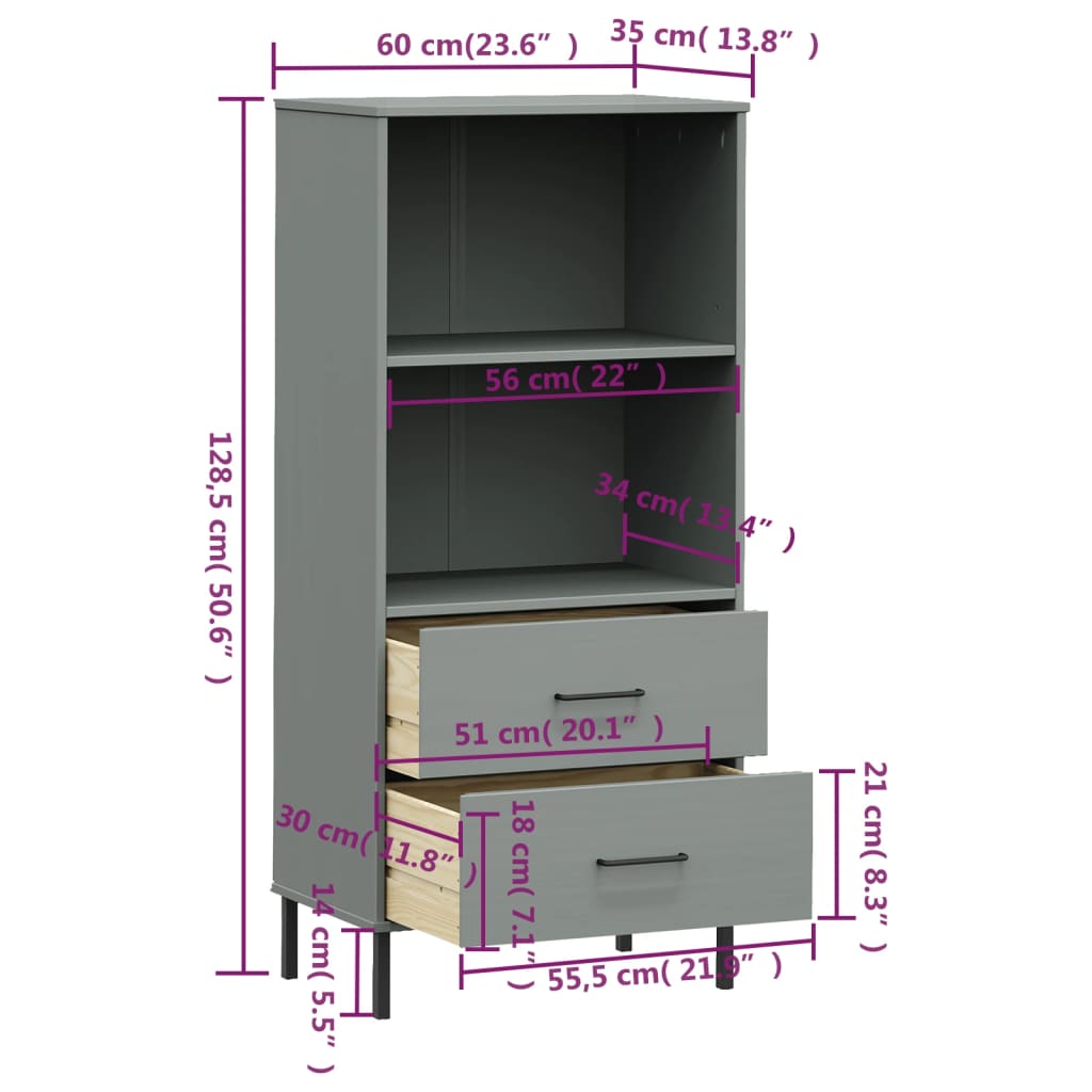 Boekenkast met 2 laden OSLO 60x35x128,5 cm massief hout grijs