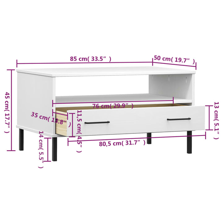 Salontafel met metalen poten OSLO 85x50x45 cm masssief hout wit