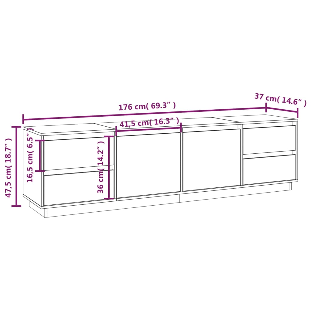 Tv-meubel 176x37x47,5 cm massief grenenhout wit