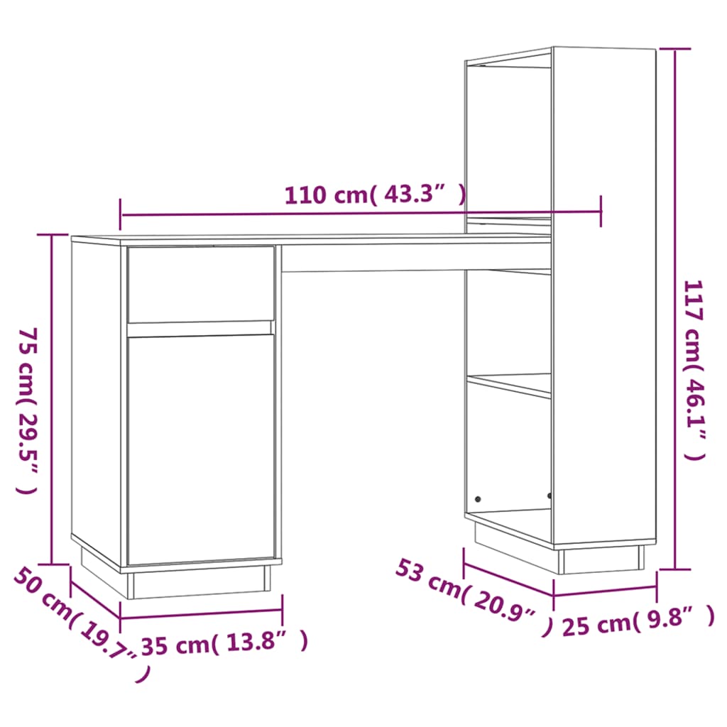 Bureau 110x53x117 cm massief grenenhout wit