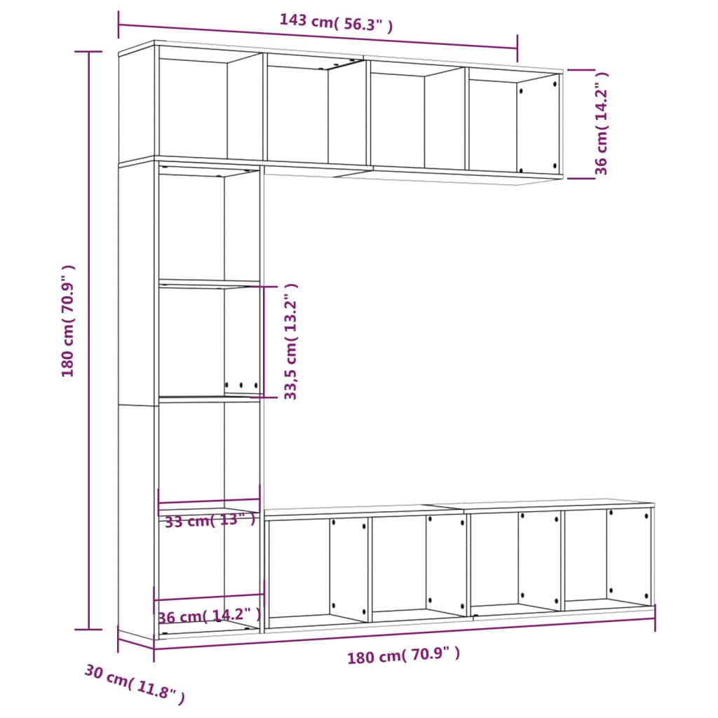 3-delige boekenkast- / tv-meubelset 180x30x180 cm grijs sonoma