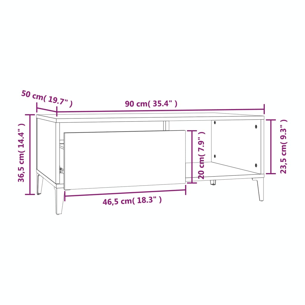 Salontafel 90x50x36,5 cm bewerkt hout gerookt eikenkleurig