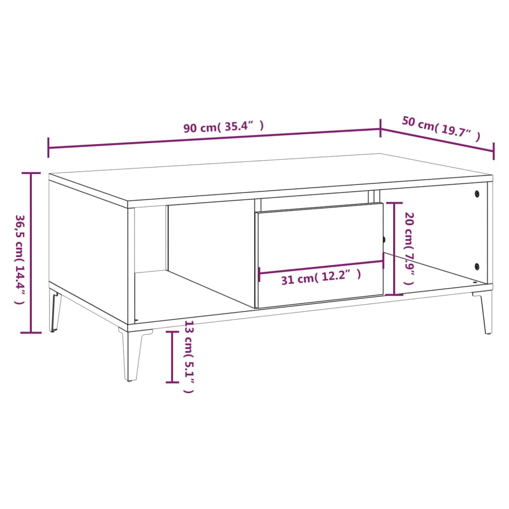 Salontafel 90x50x36,5 cm bewerkt hout wit