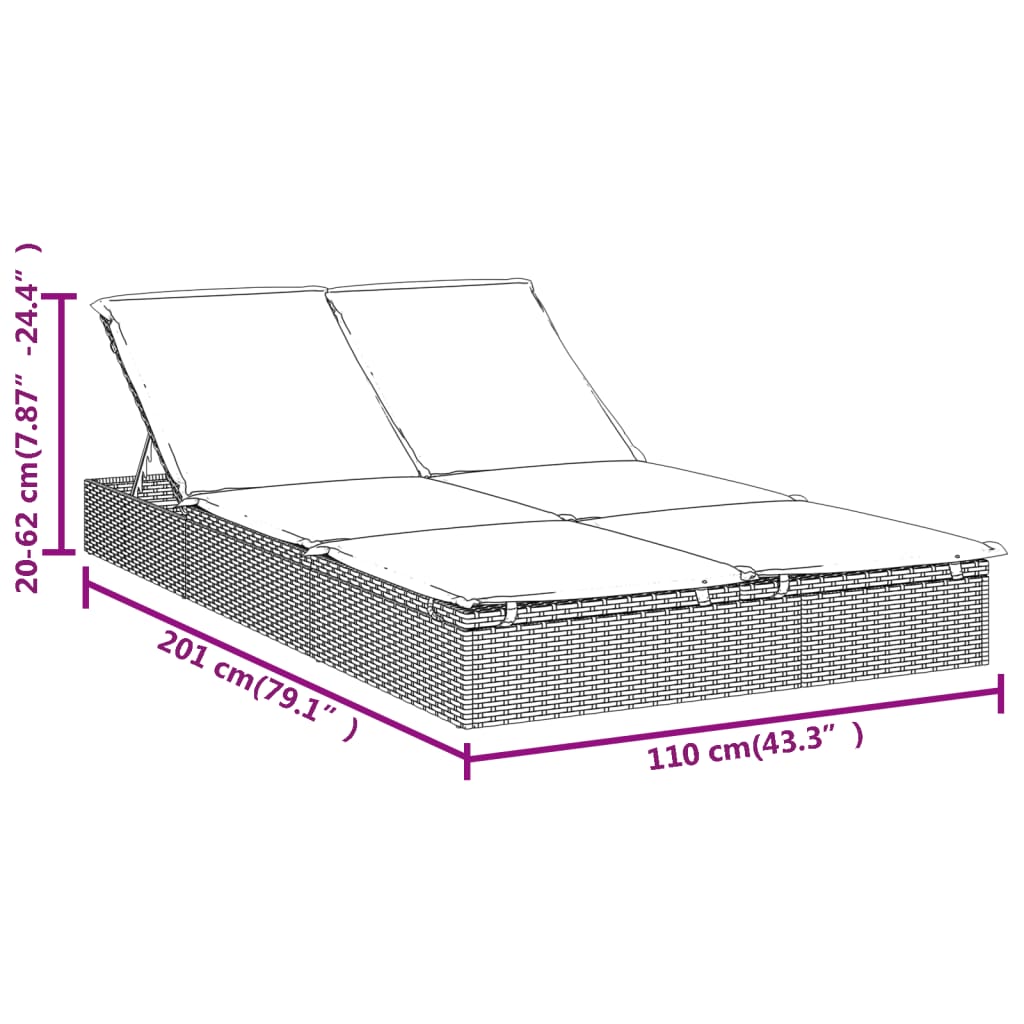 Ligbed met kussens 2-persoons poly rattan zwart