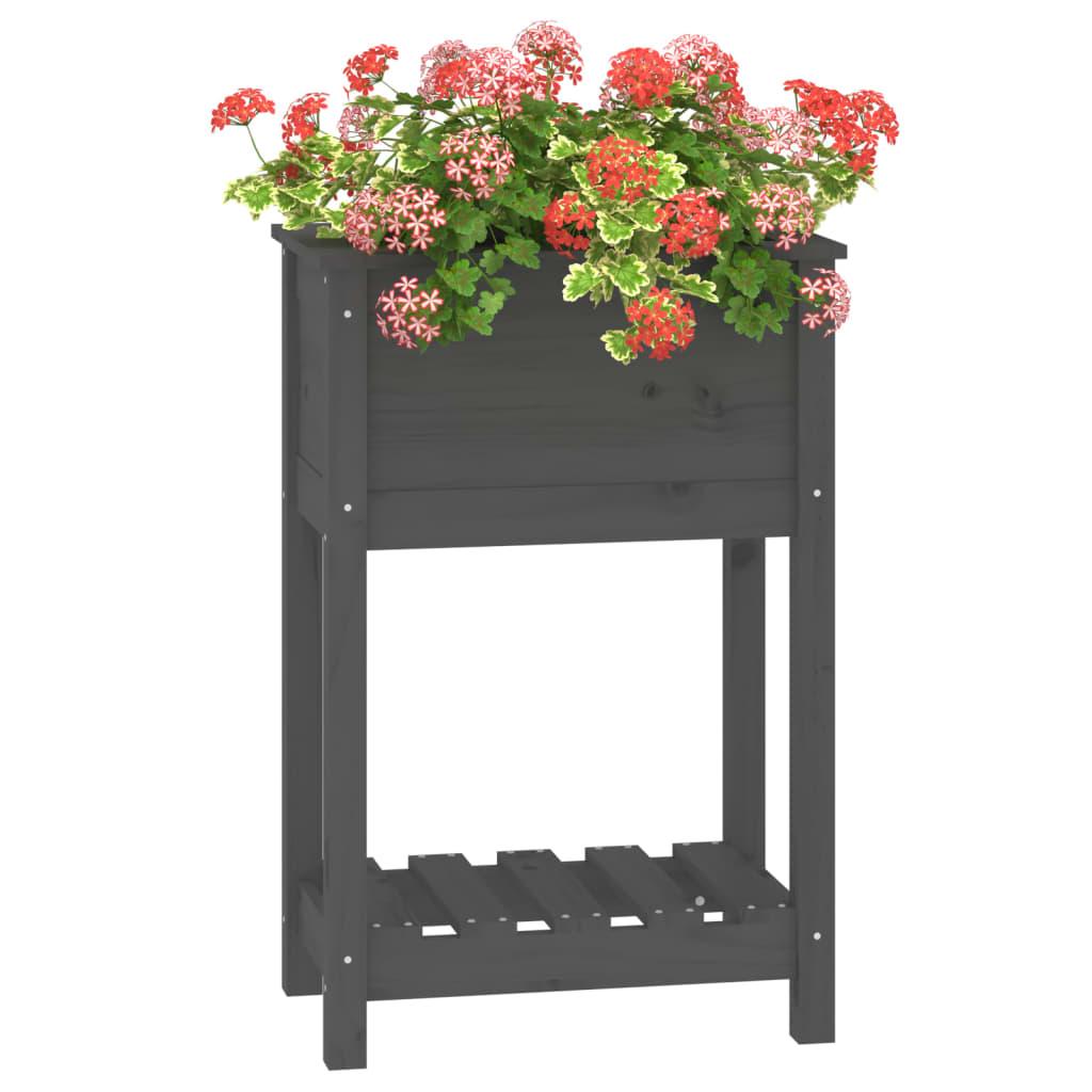 Plantenbak met schap 54x34,5x81 cm massief grenenhout grijs