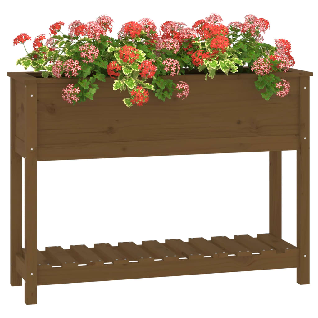 Plantenbak met schap 111,5x34,5x81 cm grenenhout honingbruin