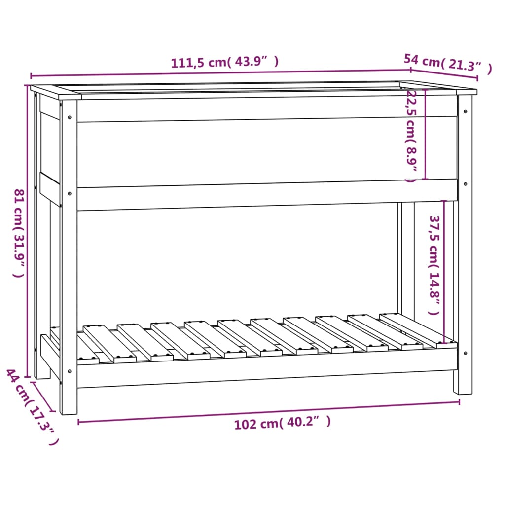 Plantenbak met schap 111,5x54x81 cm massief grenenhout grijs