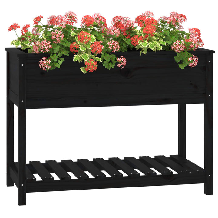 Plantenbak met schap 111,5x54x81 cm massief grenenhout zwart