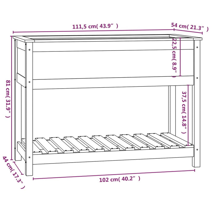 Plantenbak met schap 111,5x54x81 cm massief grenenhout zwart