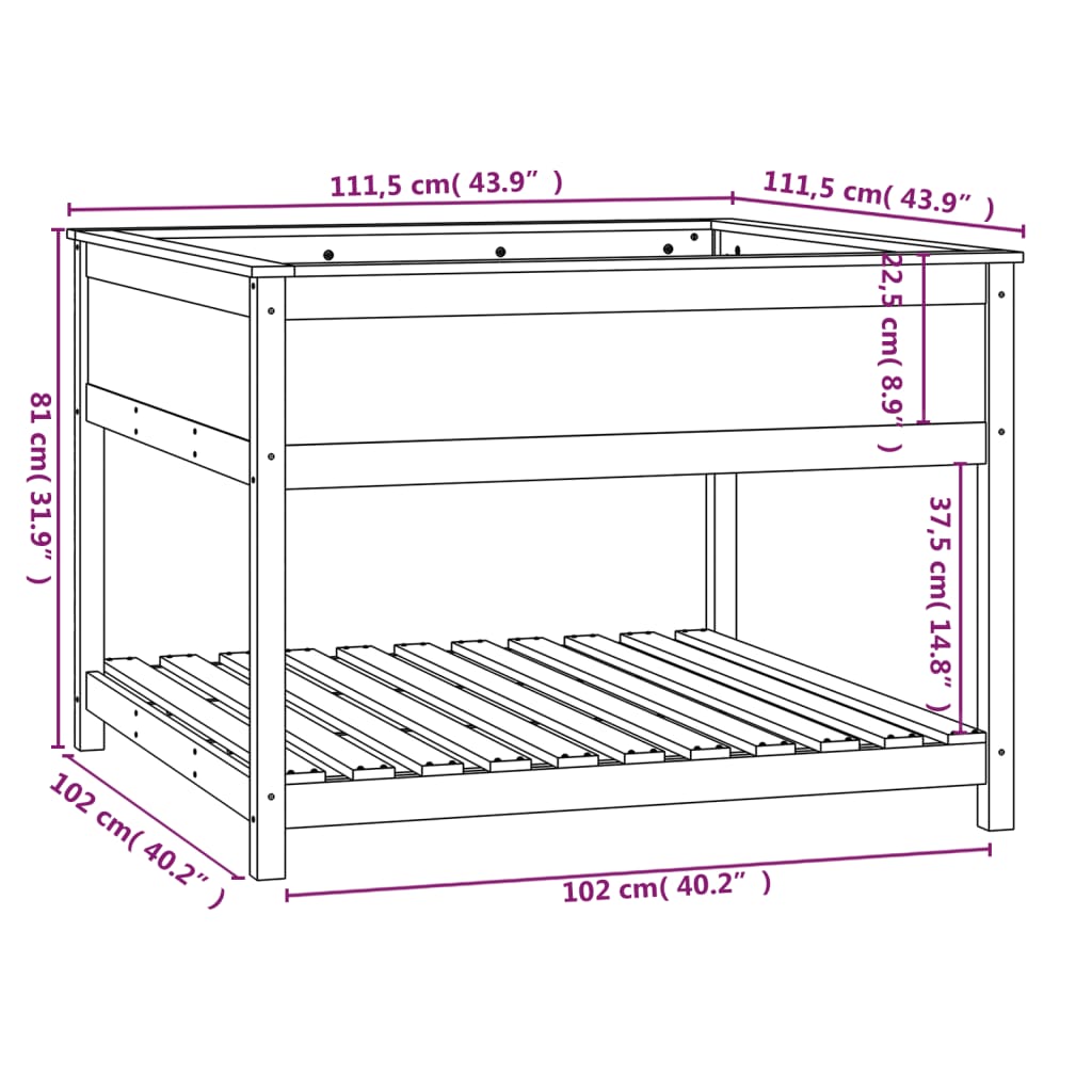 Plantenbak met schap 111,5x111,5x81 cm massief grenenhout wit